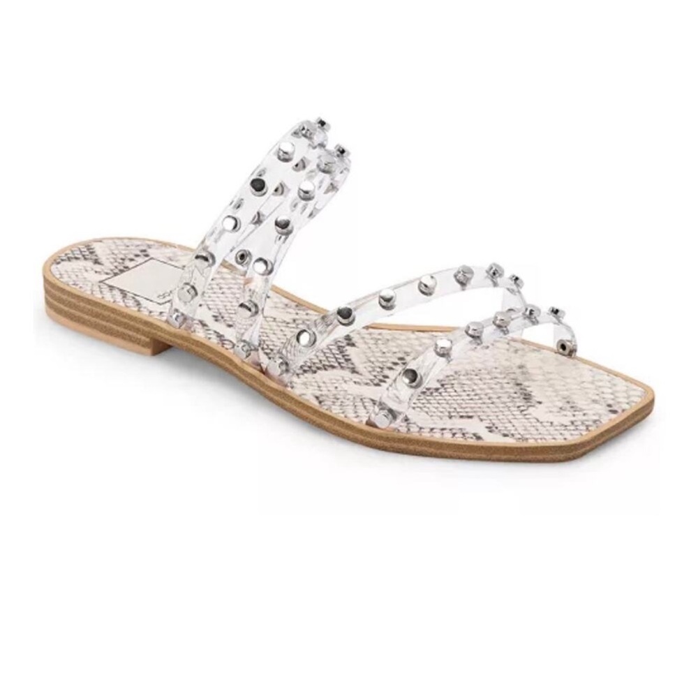Dolce Vita Isabel White Cream Snakeskin Sandals with Studded Straps